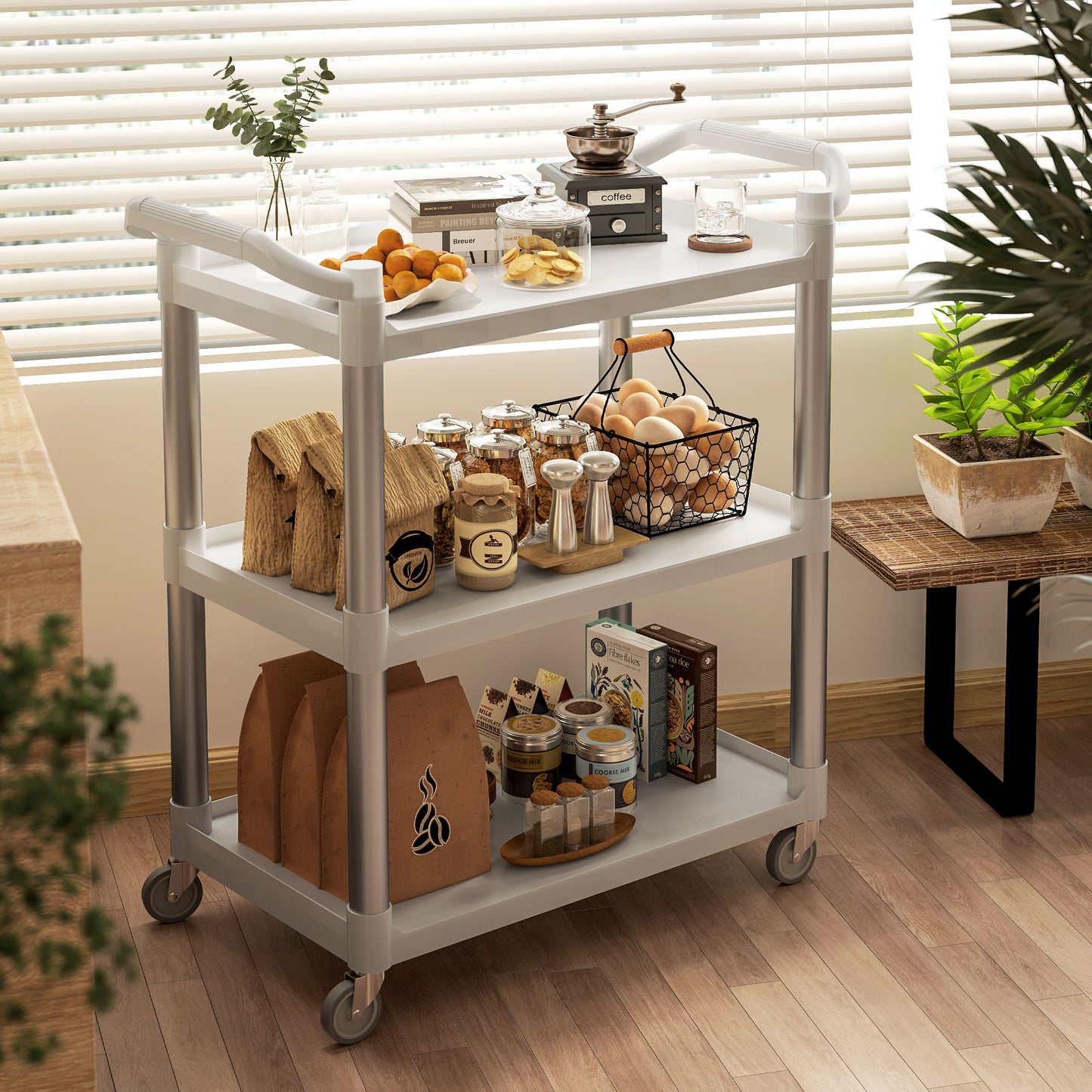 HOMCOM 3-Tier Utility Cart Large Rolling Storage Trolley with 3 Shelves Metal Clean Service Cart, Restaurant, Hotel, Livingroom, Silver and Grey