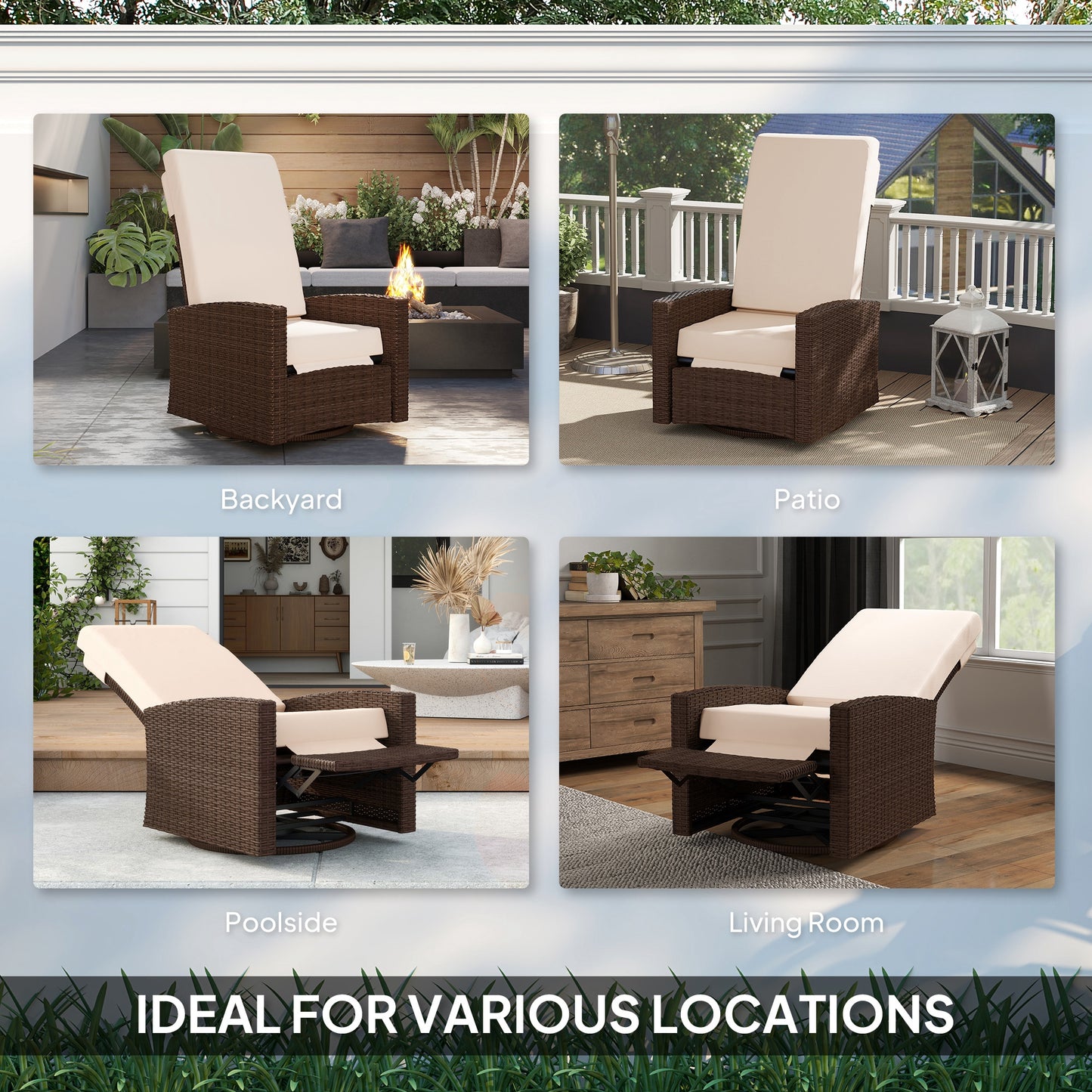 Outsunny Outdoor Rattan Wicker Lounge Chair with Footrest & Soft Cushion for Patio, Garden, Backyard, Sky Blue