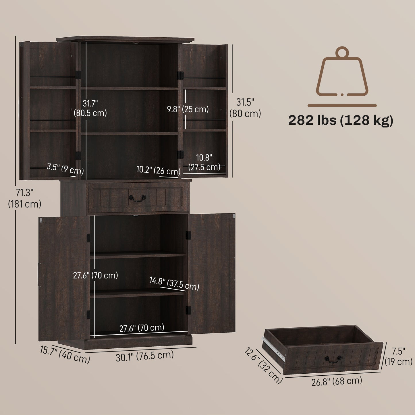 HOMCOM 71" LED Kitchen Pantry Cabinet, Farmhouse Storage Cabinet with Door Shelves, Distressed Brown