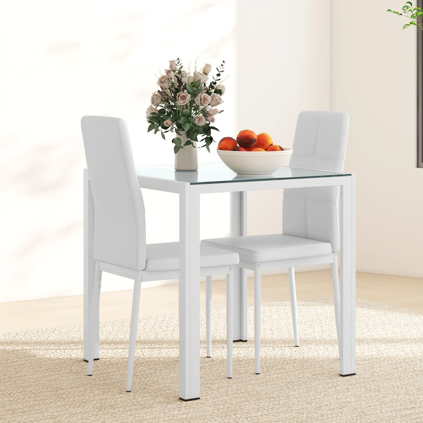HOMCOM 5-Piece Rectangular Glass Kitchen Table and Chairs with Metal Frame and Faux Leather Upholstery for Dining Room, White