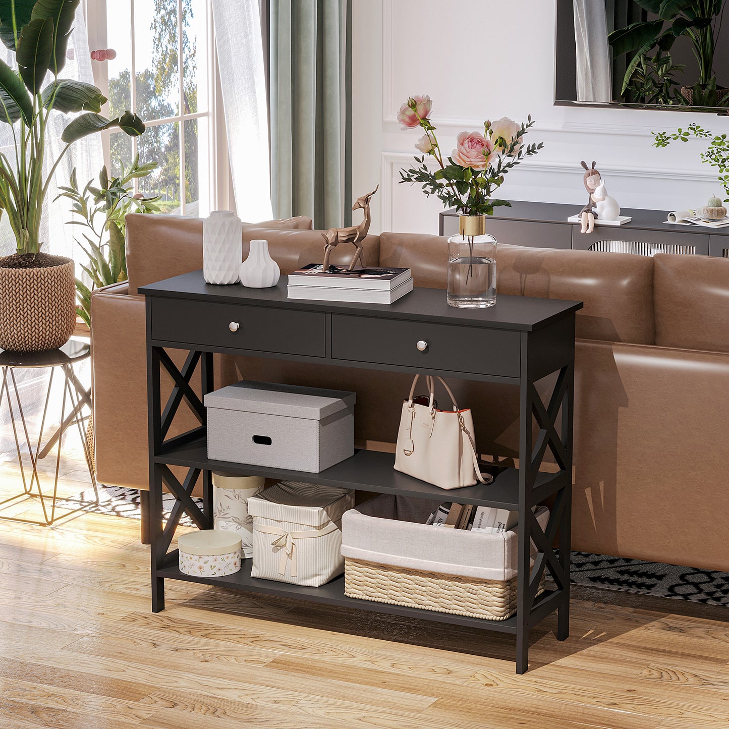 HOMCOM 39" Console Table, Narrow Entryway Table with Storage Shelves, Drawers and X Frame for Behind Couch, Living Room, Hallway, Black
