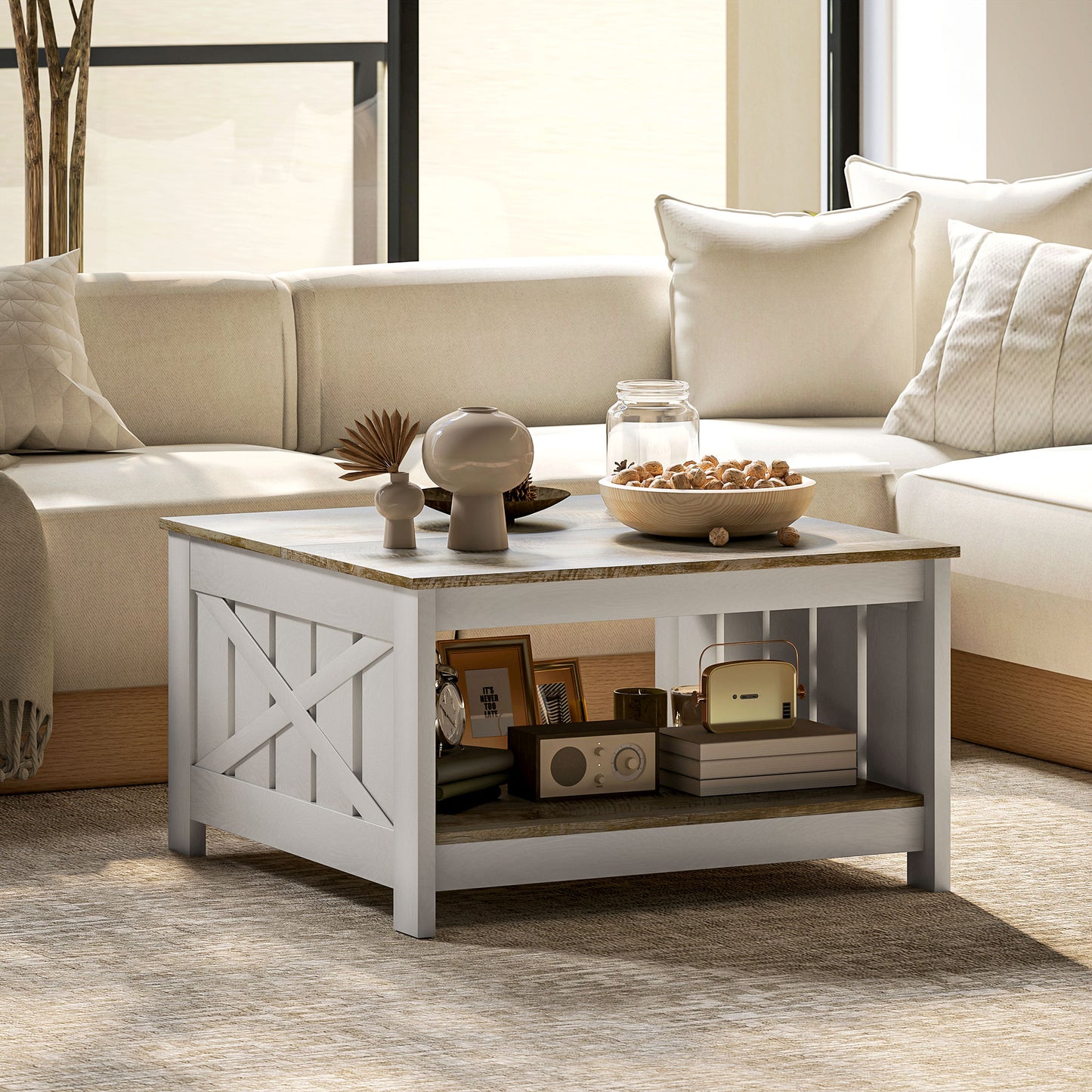 HOMCOM 31.5" Square Coffee Table, Farmhouse 2-Tier Center Table for Living Room, Distressed Oak and Brown