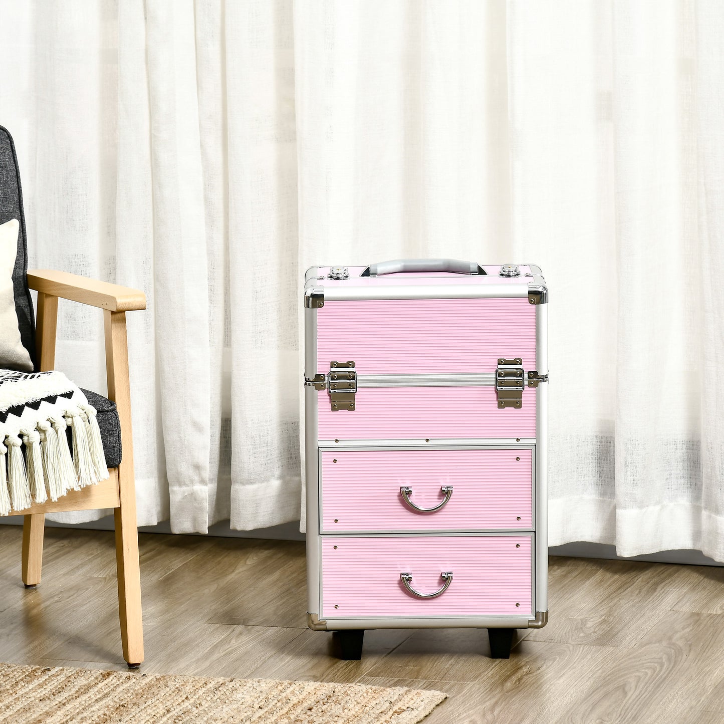 HOMCOM Rolling Makeup Train Case, Large Storage Cosmetic Trolley, Lockable Traveling Cart Trunk with Folding Trays, Swivel Wheels