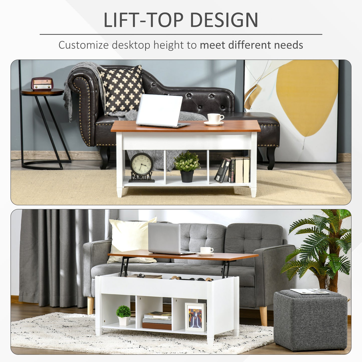 HOMCOM Lift Top Coffee Table with Hidden Storage Compartment and 3 Lower Shelves, Pop-Up Center Table for Living Room, Espresso