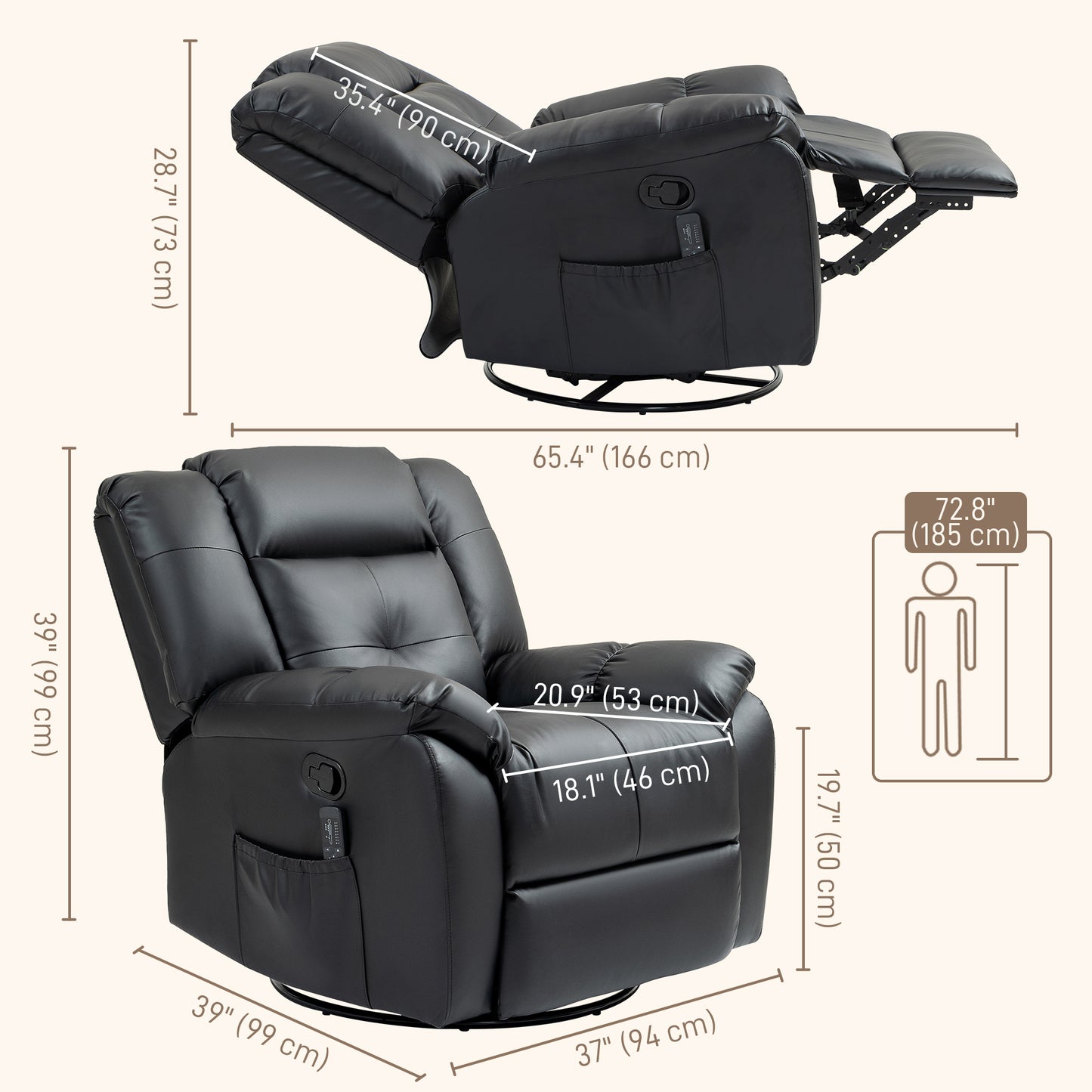 HOMCOM 8-Point Vibration Massage Recliner Chair for Living Room, PU Leather 360° Swivel Manual Reclining Sofa Rocking Chair with Remote Control, Side Pockets, Grey