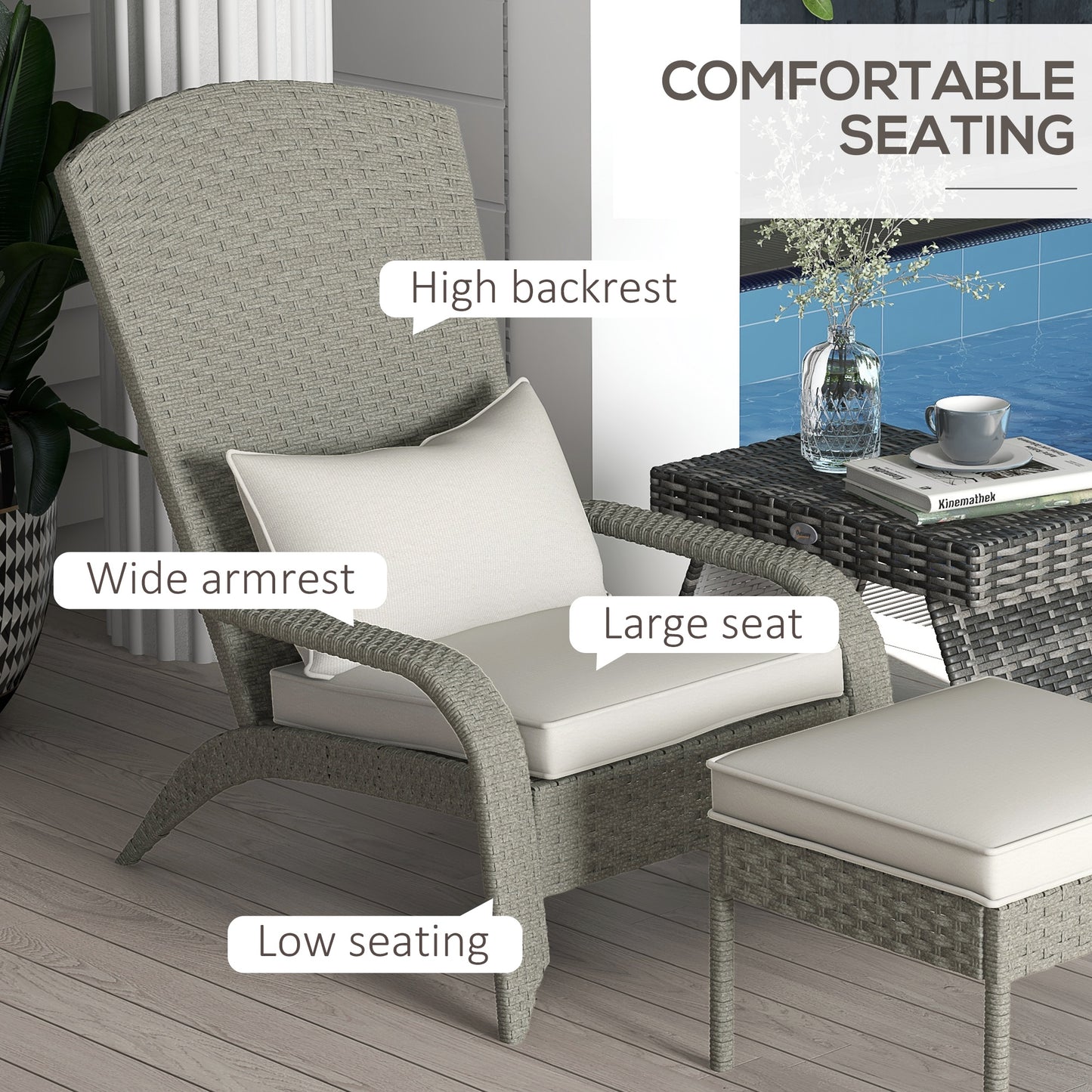 Outsunny Wicker Adirondack Chair with Ottoman, Patio Cushioned Muskoka Chair, Outdoor Fire Pit Chair with High-back and Armrests, for Deck, Garden, Backyard, Grey/Cream White