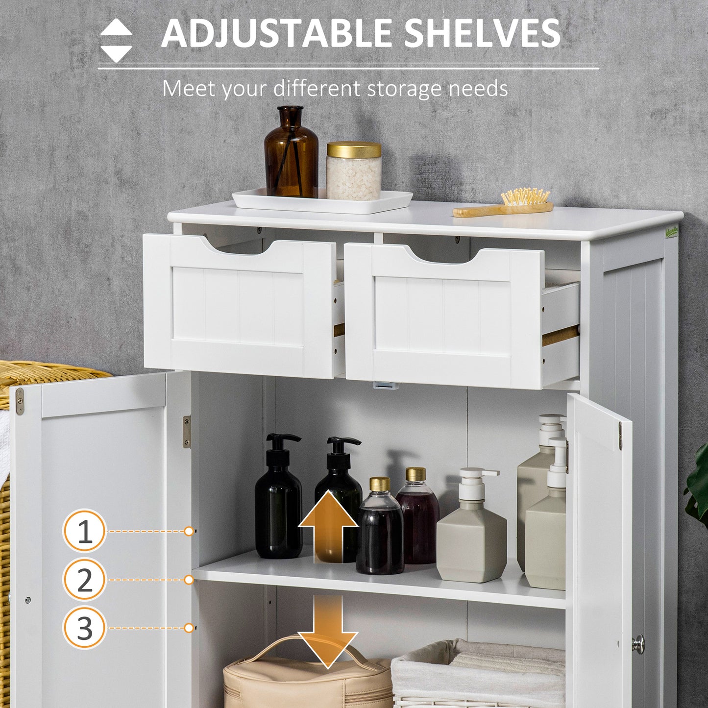kleankin Bathroom Cabinet, Bathroom Storage Cabinet with 2 Drawers, Adjustable Shelf for Living Room, Entryway, White