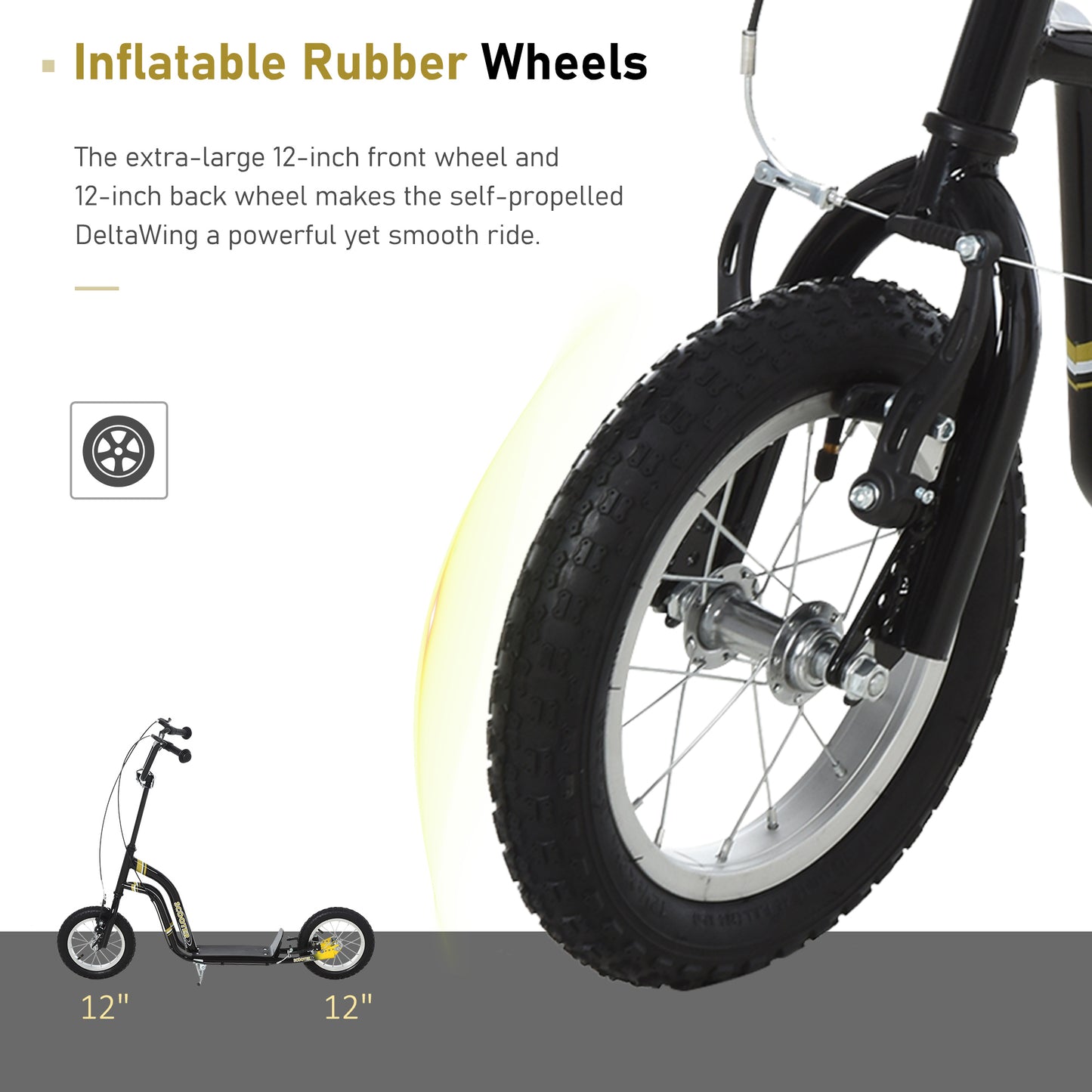 Aosom Dual Brakes Kick Scooter 12-Inch Inflatable Front Wheel Ride On Toy for Age 5+, Black