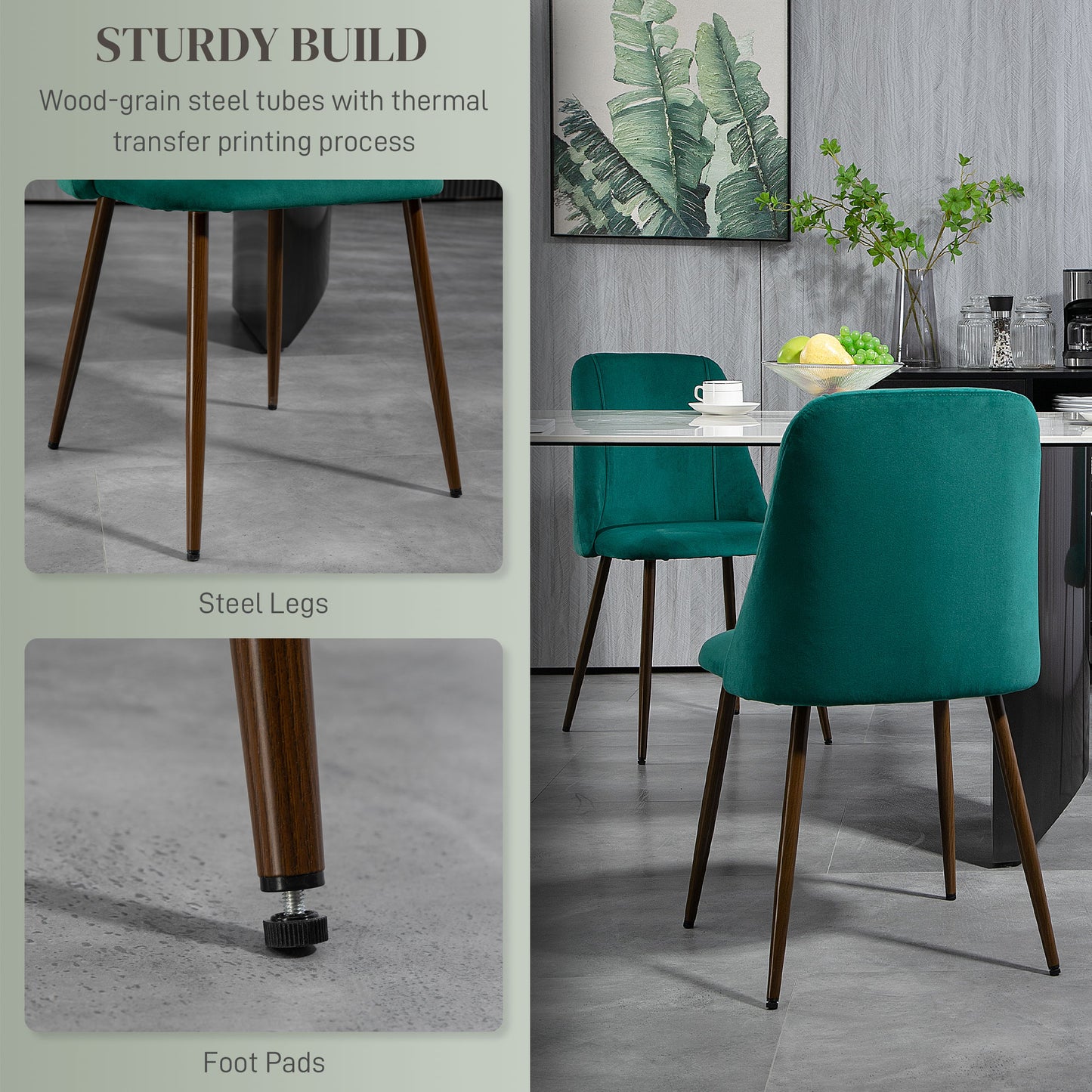 HOMCOM Upholstered Dining Chairs Set of 4, Velvet Accent Chair with Back and Wood-grain Steel Leg for Kitchen, Grey