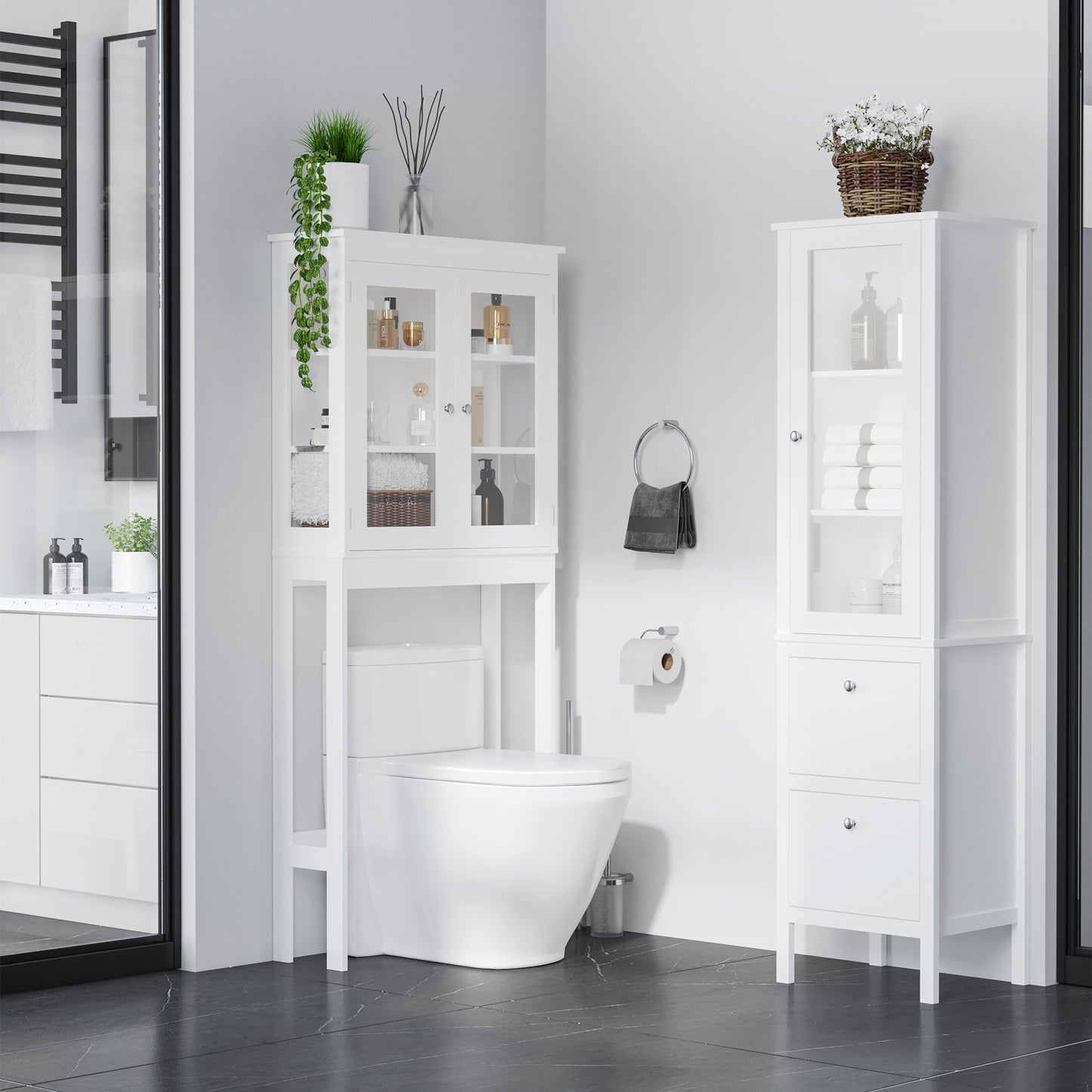 kleankin Tall Bathroom Cabinet with Tempered Glass Door, Storage Organizer, Freestanding Linen Tower with 2 Adjustable Shelves and 2 Drawers, White