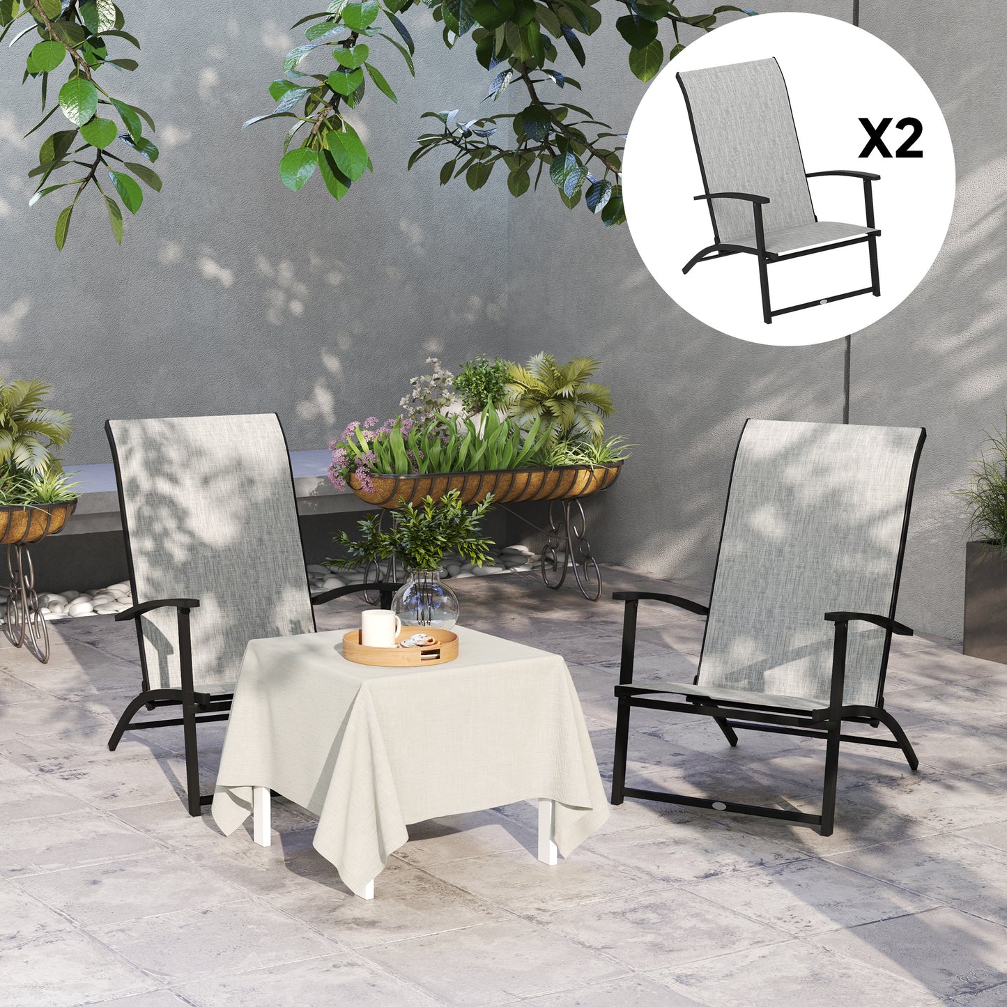 Outsunny Set of 2 Folding Lawn Chairs, Outdoor Folding Chairs with Armrests, High Backrest for Backyard Balcony, Grey