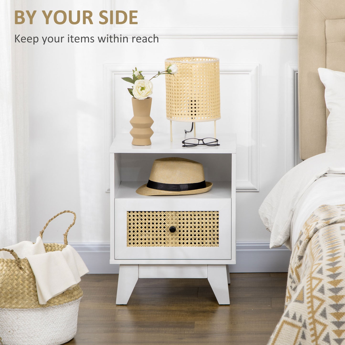 HOMCOM Bedside Table with Rattan Element, Side End Table with Drawer and Shelf, 17.7"x15.4"x22.2", White
