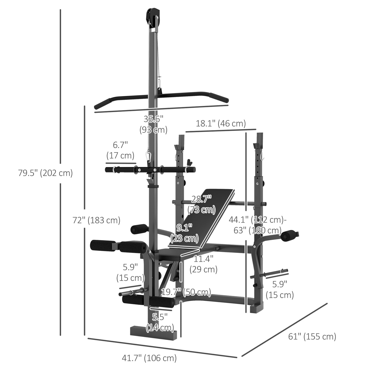 Adjustable Weight Bench with Press Rack, Preacher Curl & Lat Pull Down
