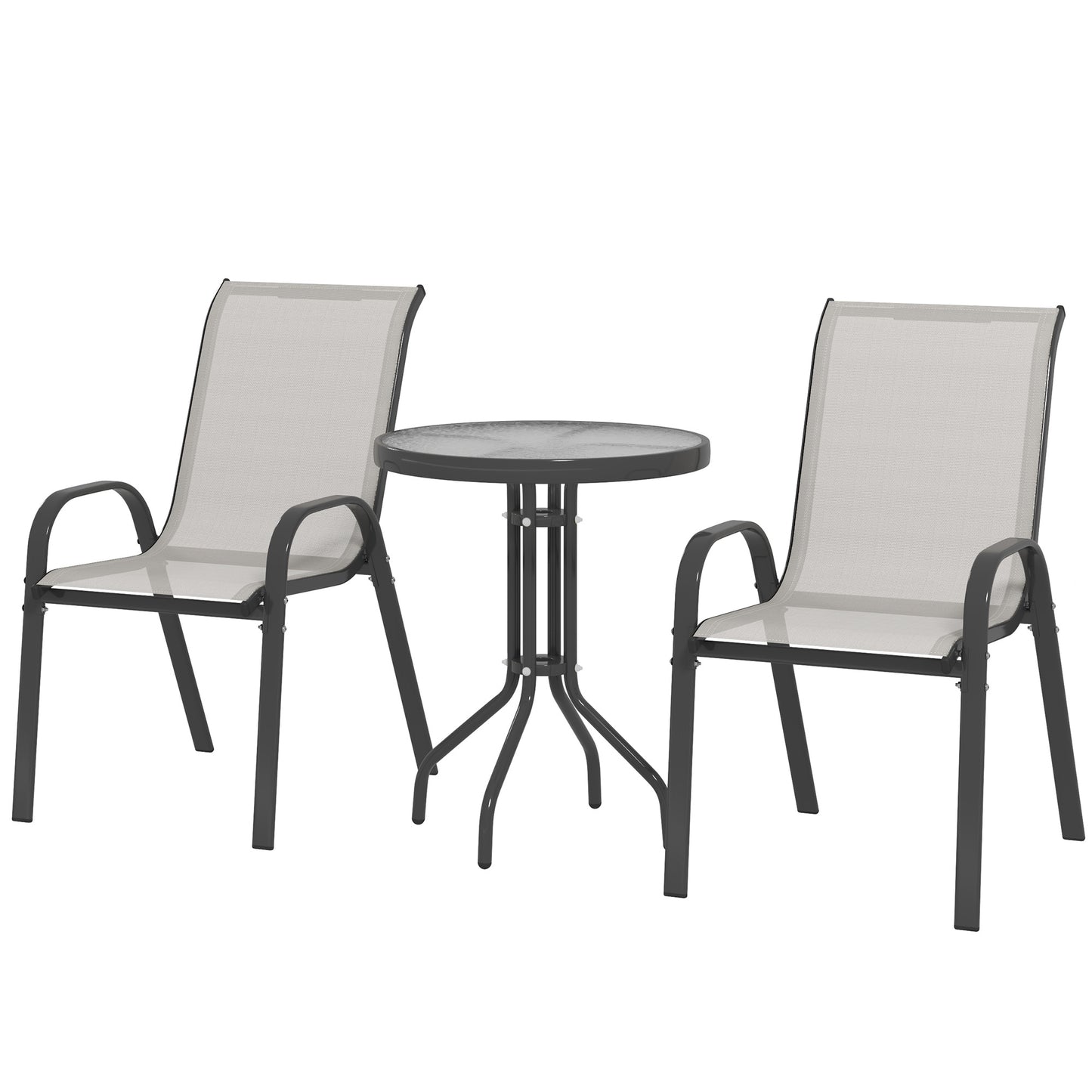 Outsunny 3 Pieces Bistro Set, Small Patio Furniture Set with Stackable Mesh Chairs, Glass Table for Garden, Balcony, Black