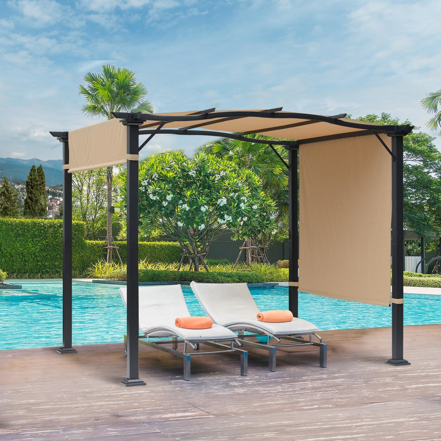 Outsunny 10' x 8' Outdoor Pergola Garden Gazebo with Two Adjustable Side Canopy Overhead Sun Shade Backyard Canopy Cover Khaki
