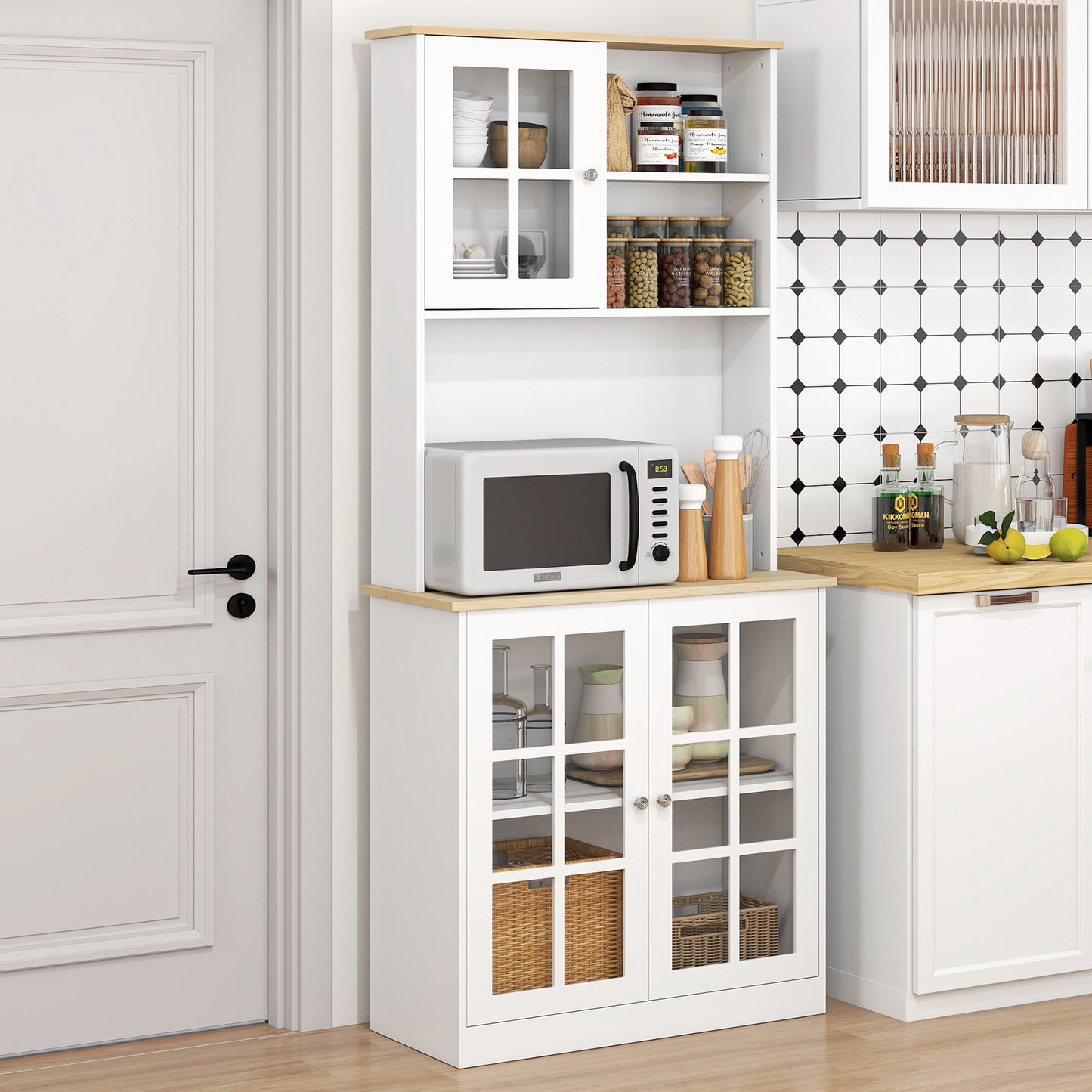 HOMCOM Kitchen Buffet with Hutch, Storage Pantry with 3 Cabinets, 2 Open Shelves and Large Countertop, Black