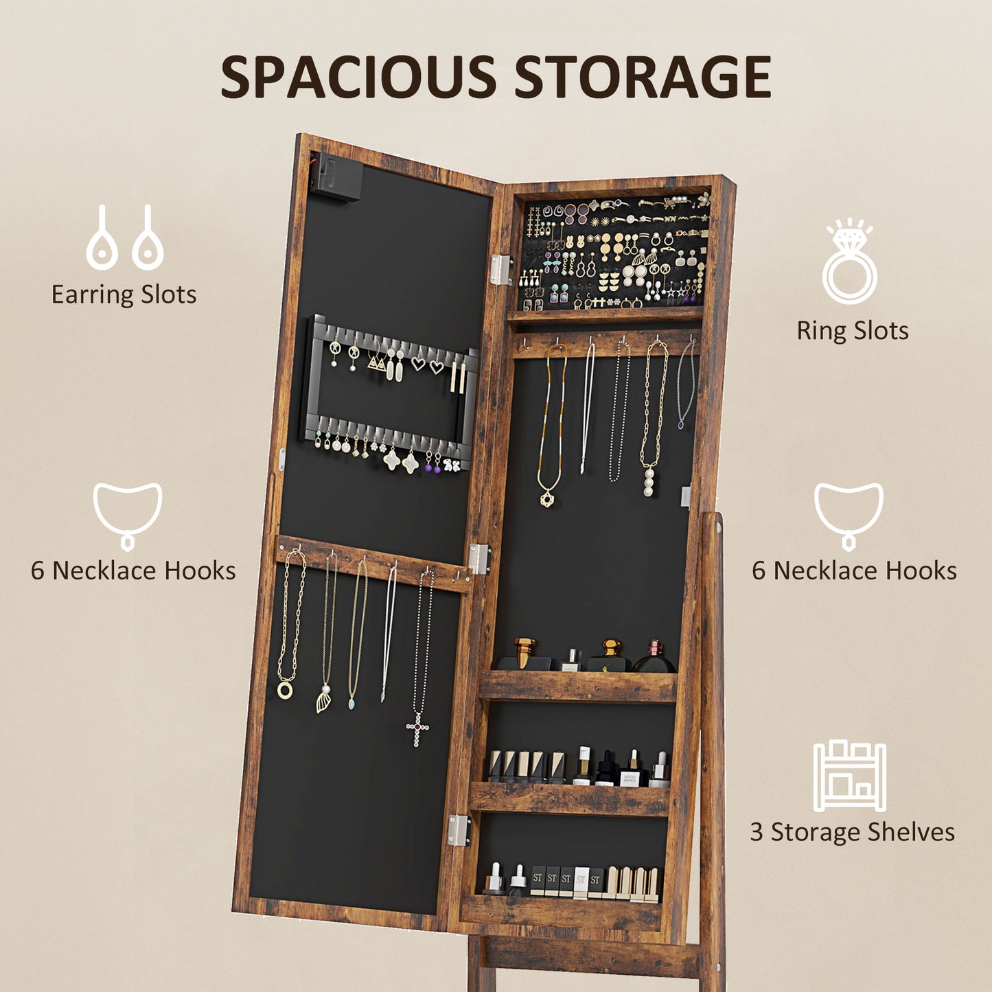 HOMCOM Free Standing Armoire Organizer, Lighted Mirrored Jewelry Cabinet w/ Angle Adjustable & 16 LED Lights Warm White