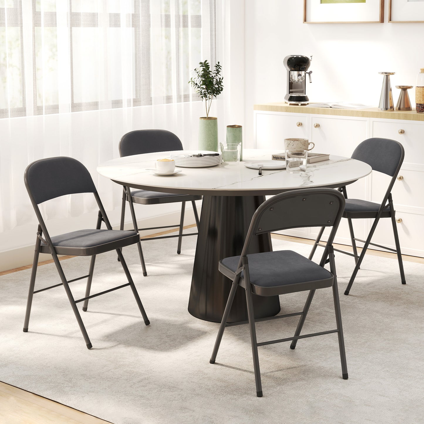HOMCOM 4 Pack Folding Chairs with Padded Seats, Velvet Portable Party Chairs with Steel Frame, Beige