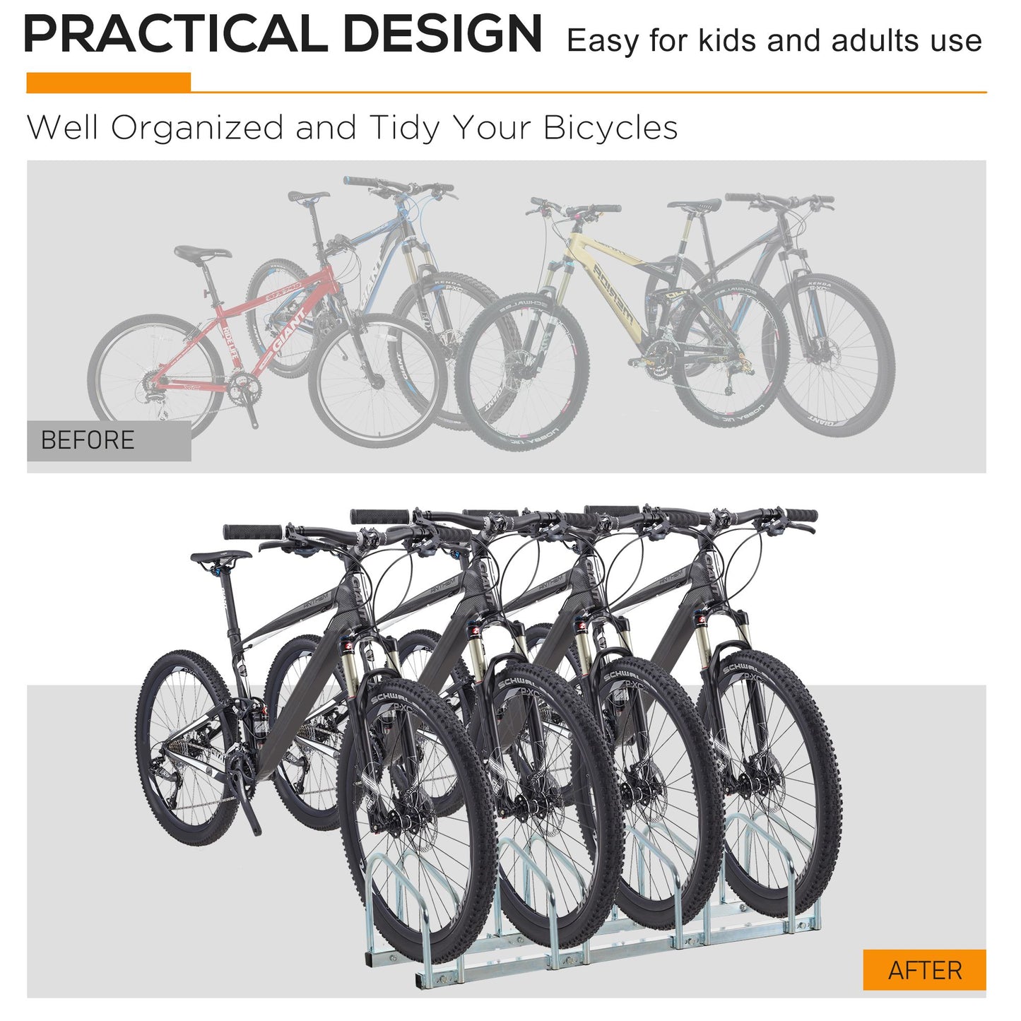 Soozier 4-Bike Bicycle Floor Parking Rack Cycling Storage Stand Garage Organizer for Indoor and Outdoor Use Silver