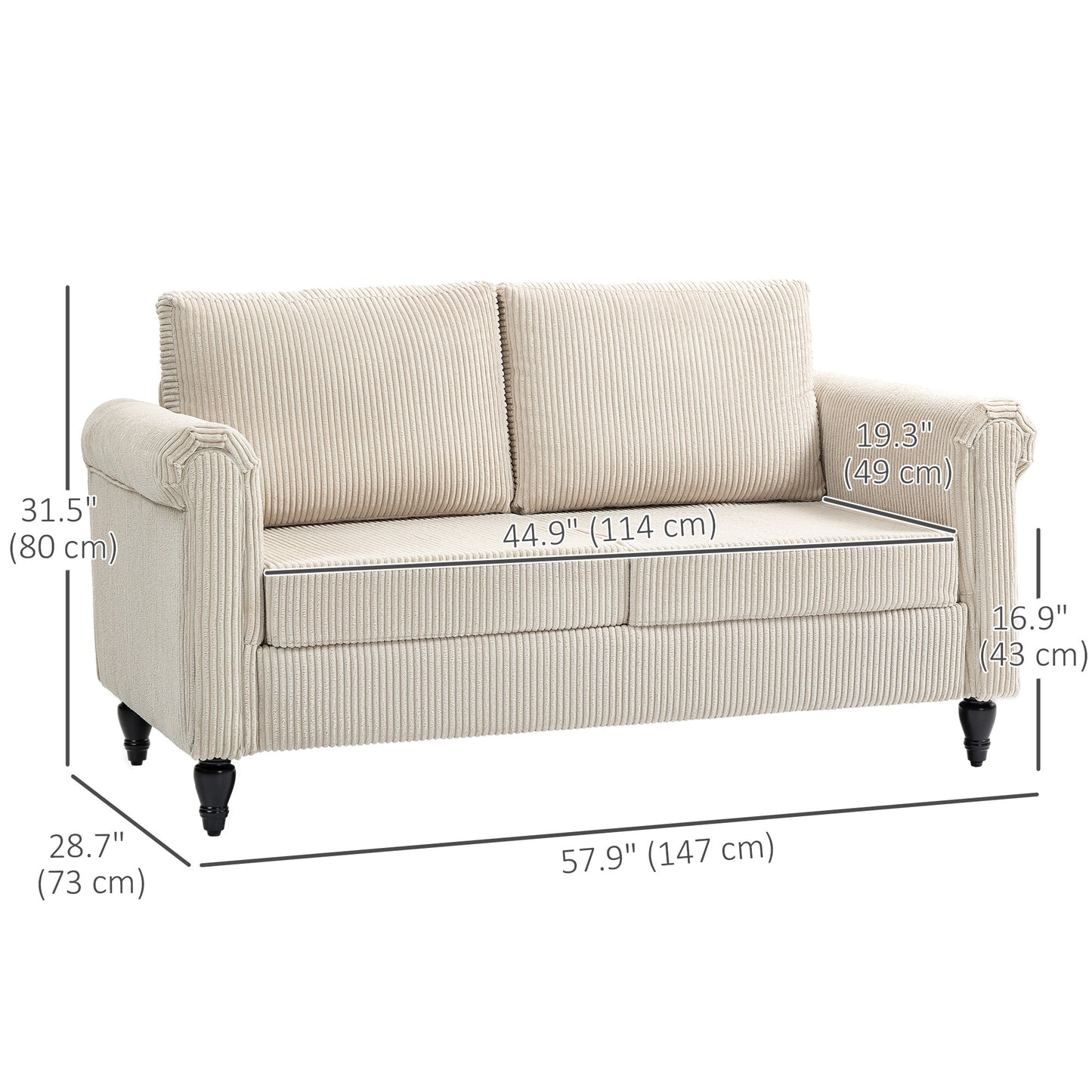 HOMCOM Vintage Loveseat, Upholstered Love Seat Furniture, Chenille-feel Fabric 2 Seater Sofa Couch with Rolled Arms, Gourd-Shaped Rubber Wood Legs for Living Room, Dark Grey