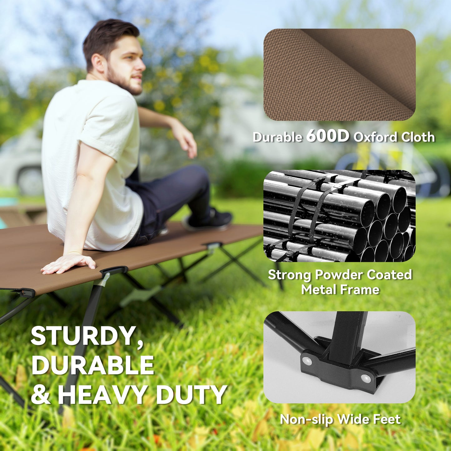Outsunny 76" Two Person Folding Camping Cot Outdoor Portable Double Cot Wide Military Sleeping Bed w/ Carrying Bag Blue