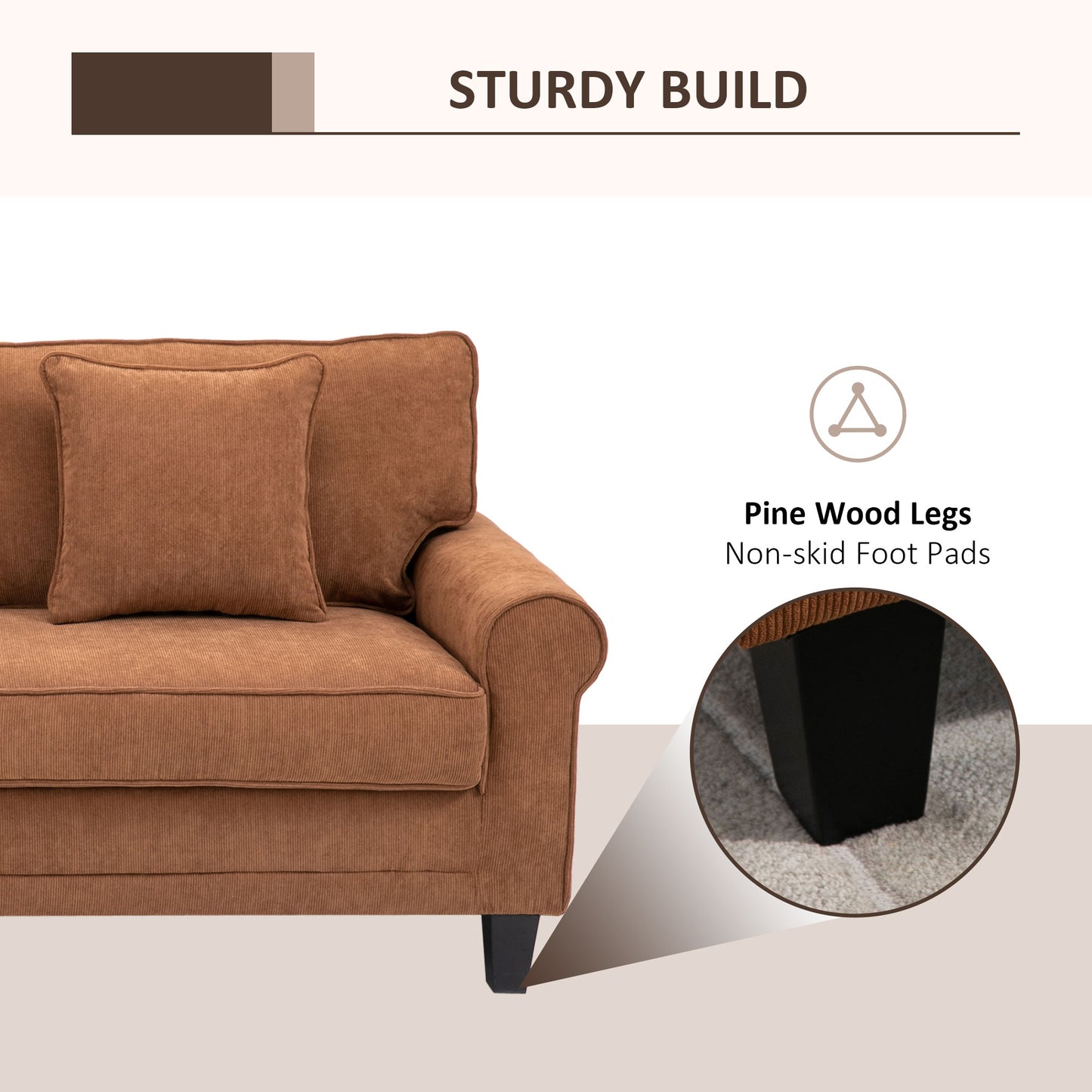 HOMCOM Modern 3 Seater Sofa, Corduroy Fabric 3 Seater Couch with Pine Wood Legs and Rolled Armrests for Living Room, Light Grey