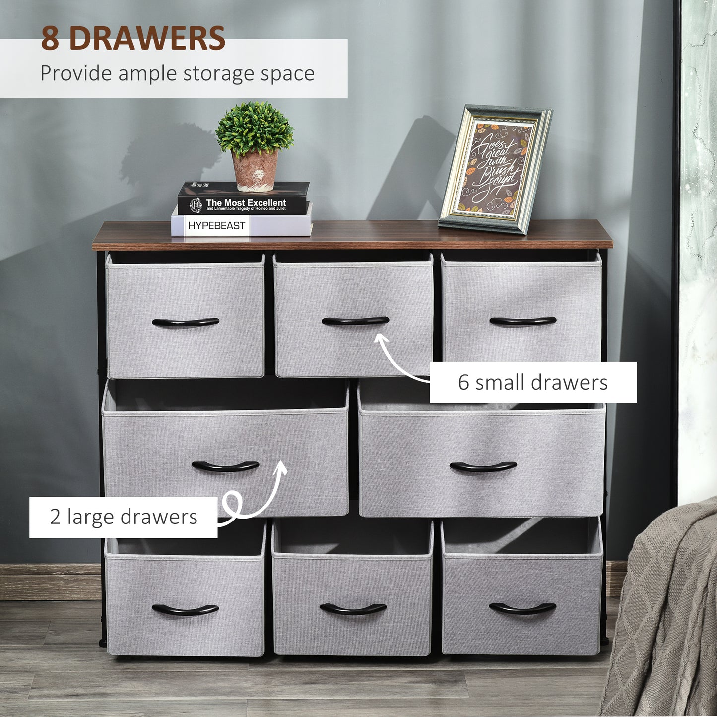 HOMCOM 8-Bin Dresser Storage Tower Cabinet Organizer Unit, Easy Pull Fabric Bins with Metal Frame for Living Room
