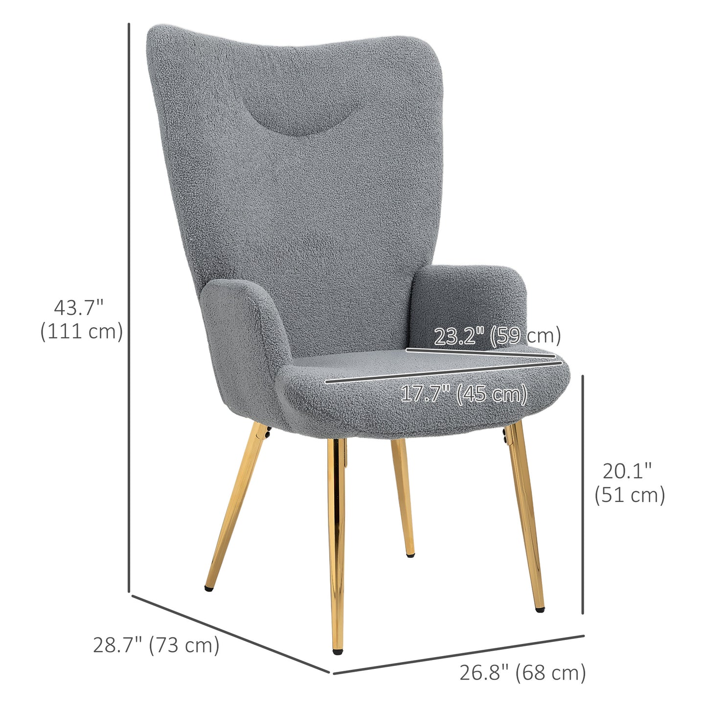 HOMCOM Modern Accent Armchair, Sherpa Boucle Lounge Chair with Metal Legs for Living Room, Bedroom, Grey