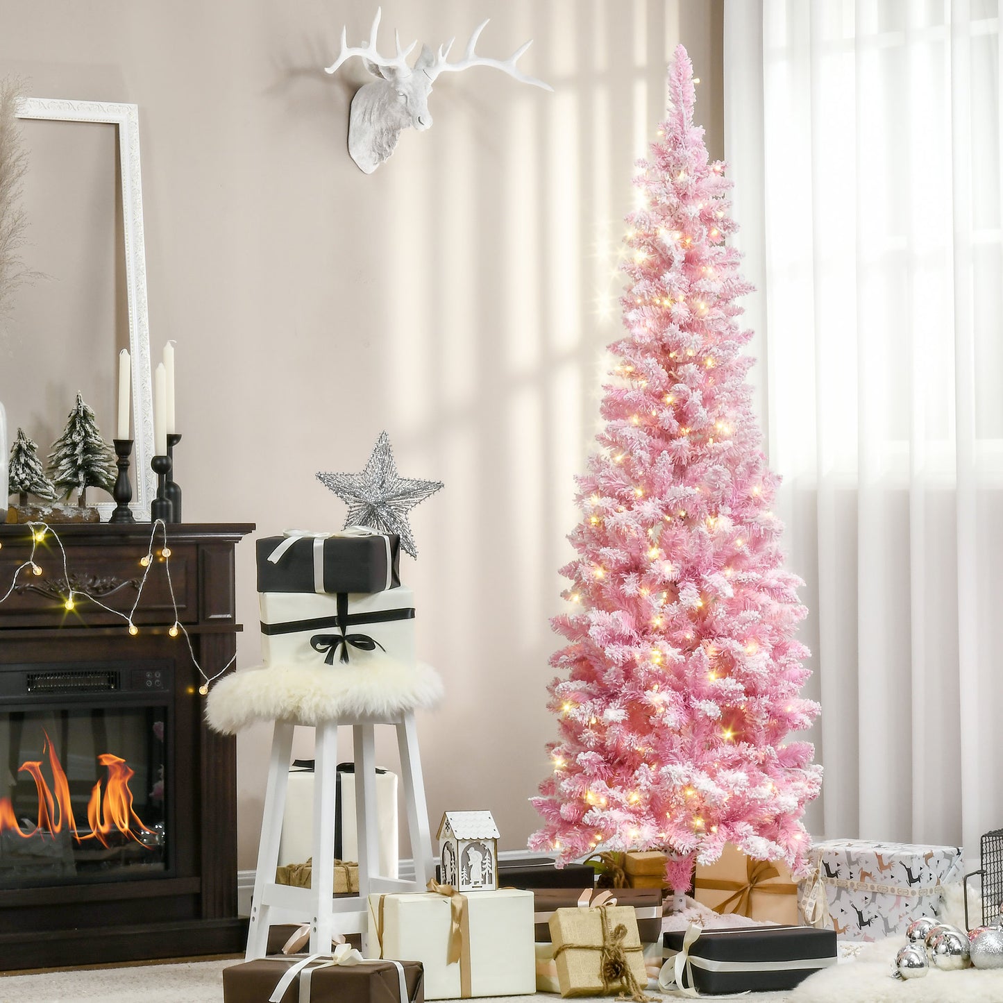HOMCOM 6 Foot Prelit Snow Flocked Artificial Christmas Tree with Pencil Shape, 500 Pine Realistic Branches, Warm White LED lights, Auto Open, Pink and White