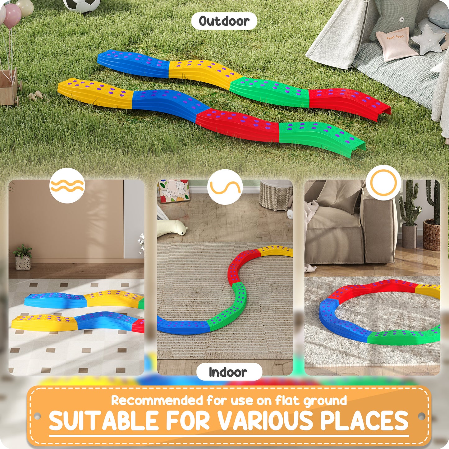 Outsunny 8pcs Balance Beam for Kids, 4 Sensory Pads and 4 Beams with Non-slip Surface & Bottom, Stackable Stepping Stones Kids for Boys Girls 3-6 Years, Multicoloured