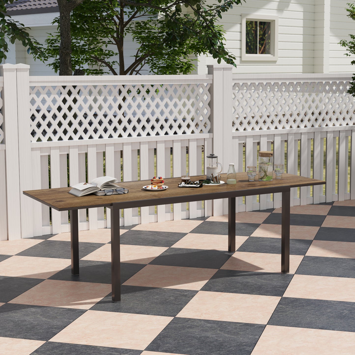 Outsunny 63"-94.5" Extendable Patio Dining Table for 6-8 Person, Outdoor Dining Table with Aluminium Edging, Steel Frame, Brown