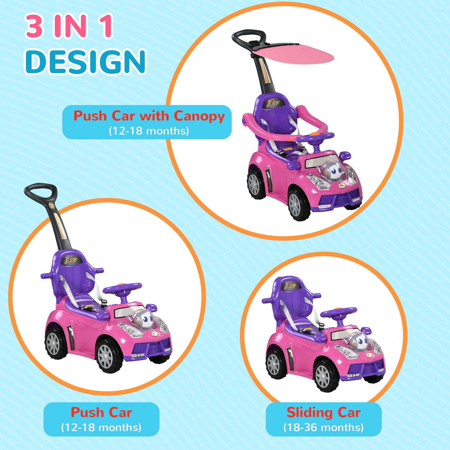 Qaba 3 in 1 Kids Push Car Toddler Sliding Car, Foot to Floor Design with Music, Light, Handle, Removable Canopy, Pink