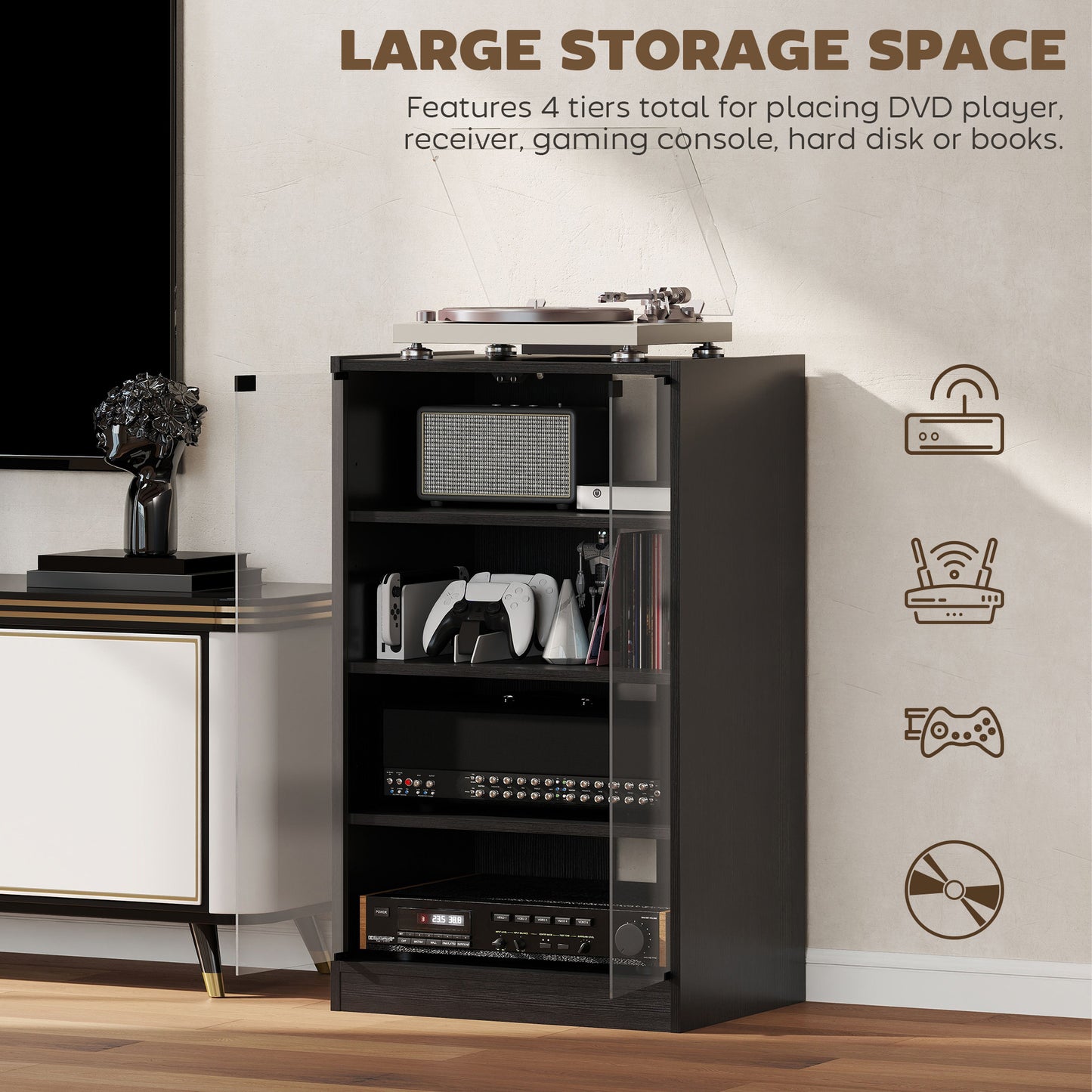 HOMCOM 5-Tier AV Media Stand with Push to Open Glass Doors, Audio-Video Storage Cabinet with Adjustable Shelves for DVD Players, Games Consoles, Routers, Distressed Black