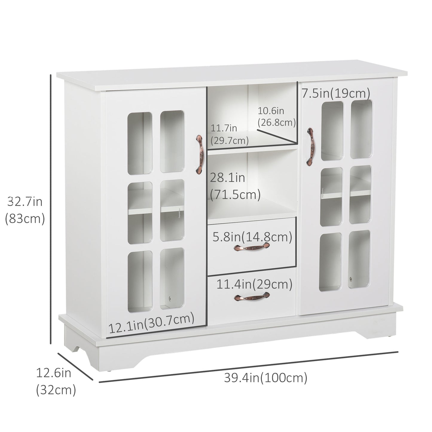 HOMCOM Modern Kitchen Sideboard with 2 Drawers, Coffee Bar Cabinet with Glass Doors Storage Cupboard and Open Shelf, White