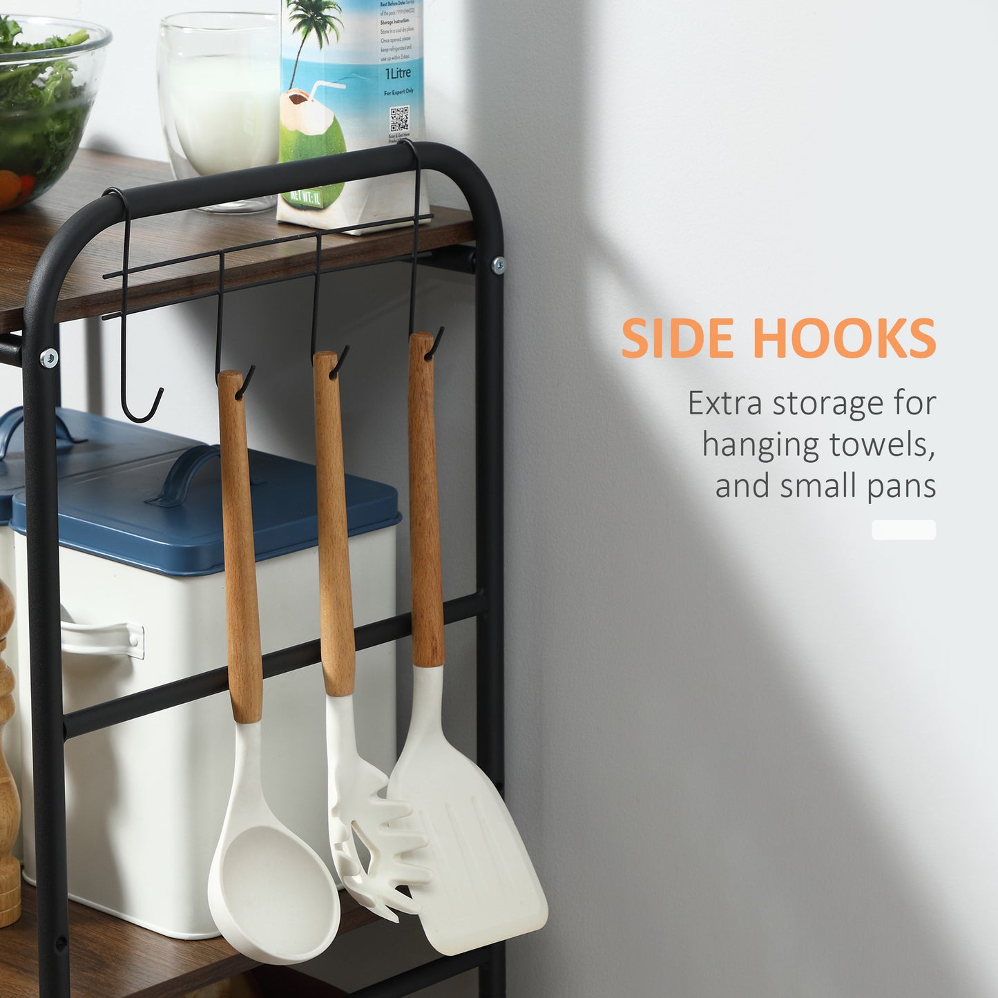 HOMCOM Rolling Kitchen Cart, 3-Tier Utility Storage Cart with 2 Basket Drawers & Side Hooks, Lockable Casters for Dining Room