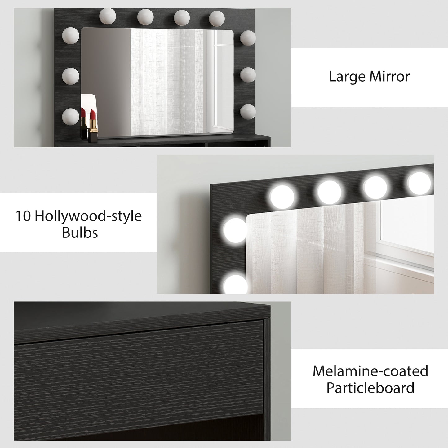 HOMCOM Vanity Table, Makeup Dressing Table with LED Lighting Mirror, Drawers, for Bedroom, Black