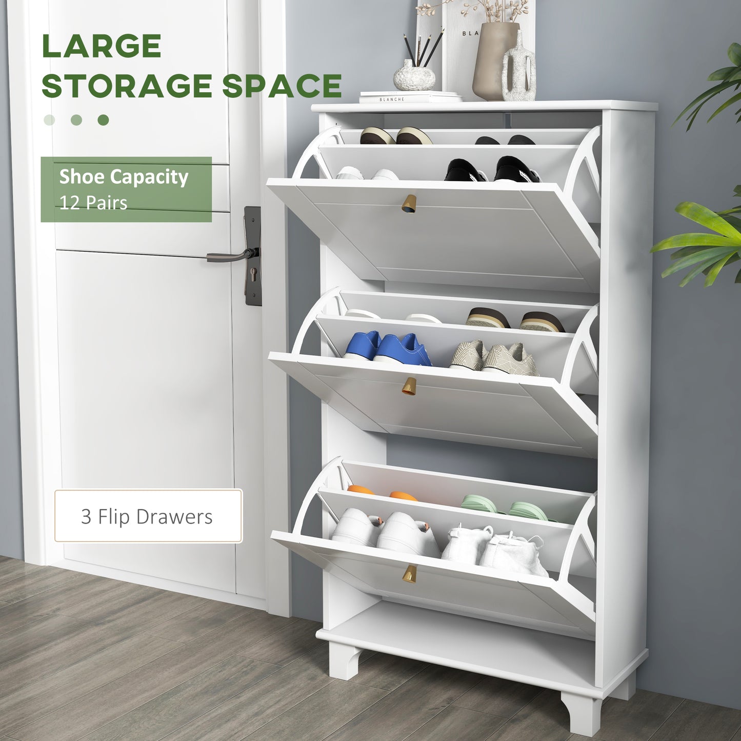 HOMCOM Narrow Shoe Storage with 3 Flip Drawers and Adjustable Shelves, Shoe Cabinet Organizer for 12 Pairs of Shoes, White
