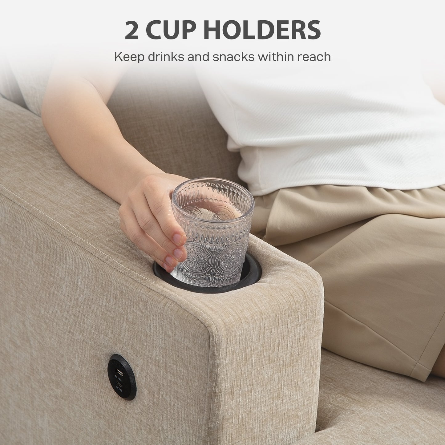 HOMCOM 3 Seater Sofa with USB Ports & Cup Holders, Chenille-Feel Upholstered Couch for Living Room, Light Brown