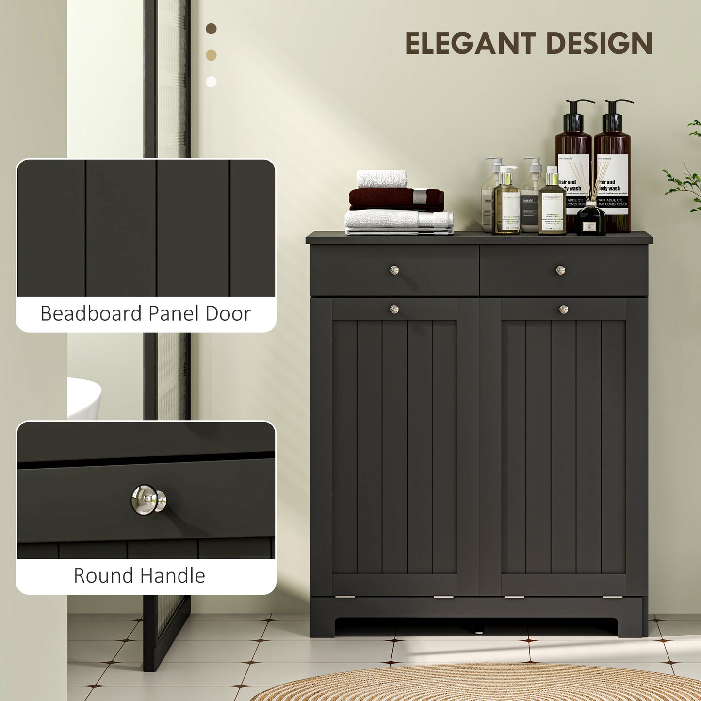HOMCOM Laundry Cabinet, Tilt Out Laundry Hamper Cabinet with 2 Baskets, Bathroom Hamper Cabinet with 2 Drawers, Black