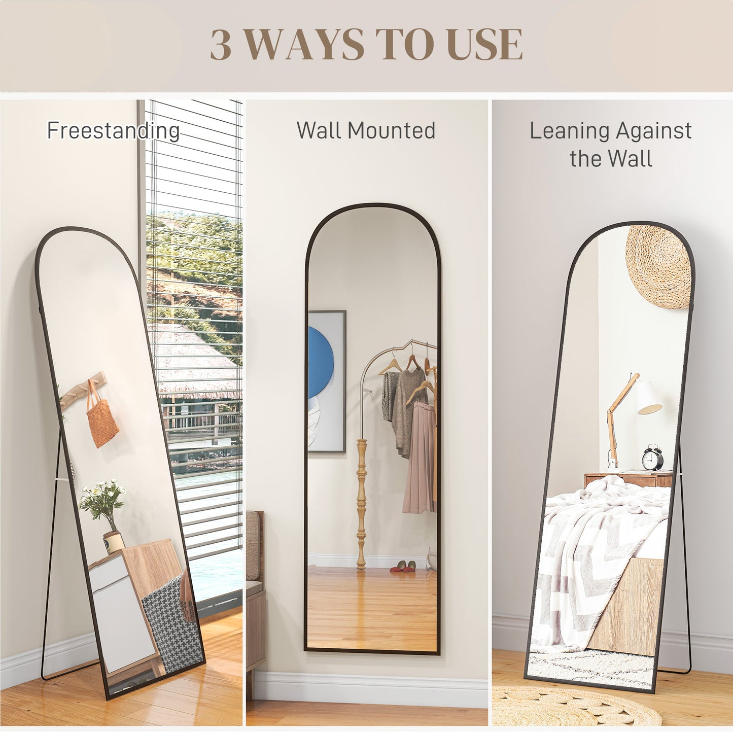HOMCOM Arched Standing Mirror, 64" x 20" Full Length Mirror, Free Standing or Wall Mounted for Living Room, Bedroom, Black