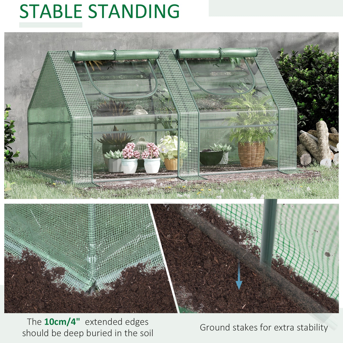 Outsunny 6' x 3' x 3' Portable Mini Greenhouse, Garden Green House Kit with 2 PE/Plastic Covers, Steel Frame and 2 Roll Up Zipper Windows, Dark Green