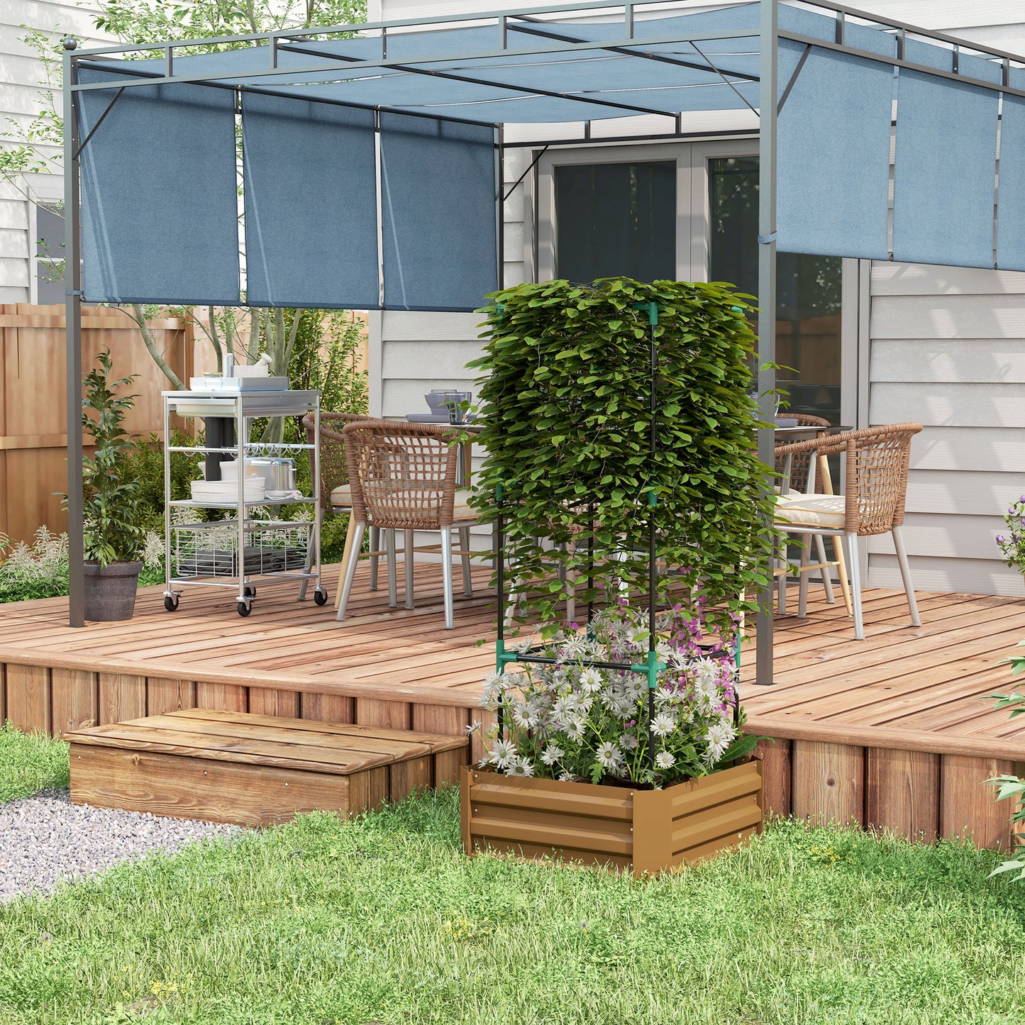 Outsunny Galvanized Planter Box, Outdoor Raised Garden Bed with 4-Tier Trellis Tomato Cage for Climbing Vines, Vegetables, Green