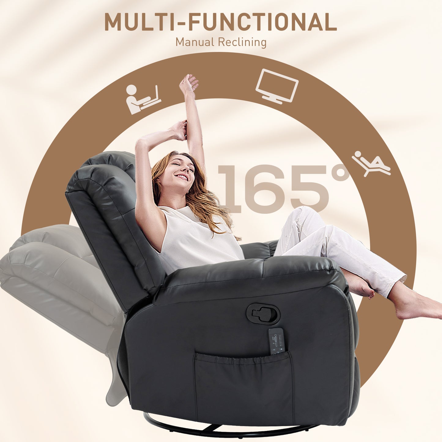 HOMCOM 8-Point Vibration Massage Recliner Chair for Living Room, PU Leather 360° Swivel Manual Reclining Sofa Rocking Chair with Remote Control, Side Pockets, Grey
