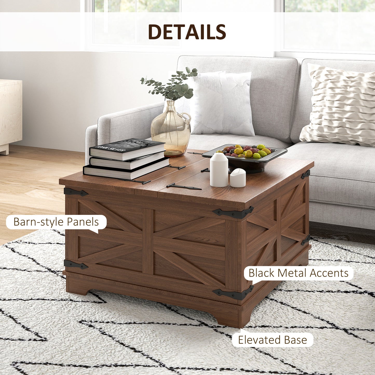 HOMCOM Farmhouse Coffee Table, Square Center Table with Flip-top Lids, Hidden Storage Compartment, Black