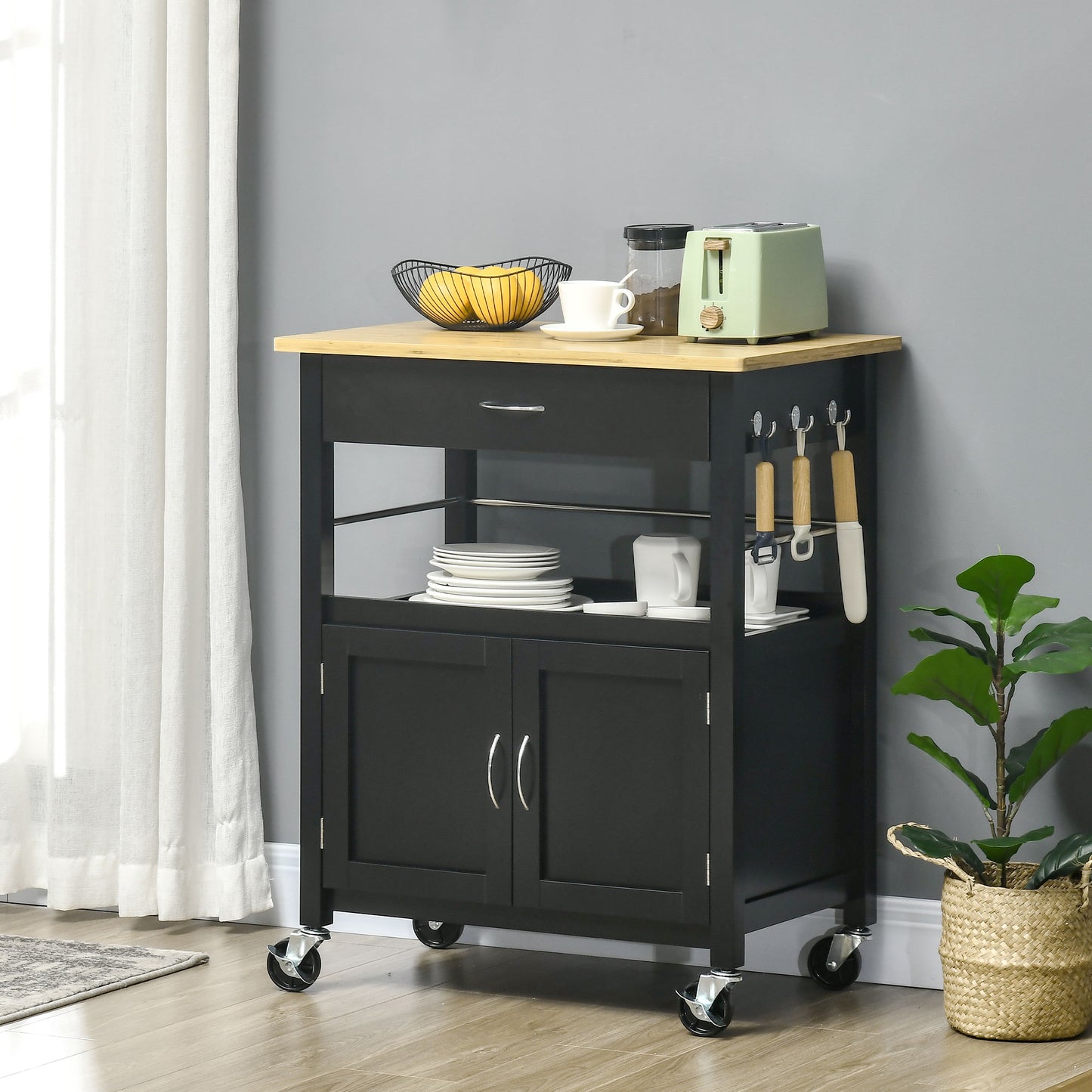 HOMCOM Kitchen Cart, Utility Trolley, Small Kitchen Island with Storage Drawer & Side Hooks for Dining Room, White