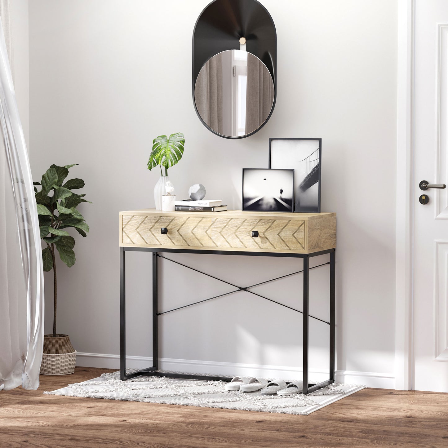 HOMCOM 36" Console Table with 2 Storage Drawers, Narrow Entryway Table with Metal Frame and Back X-Bar for Behind Couch, Living Room, Study Room, Office