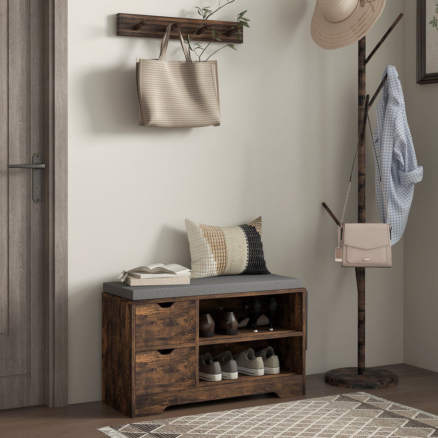 HOMCOM Upholstered Shoe Storage Bench w/ Seat, Entrance Bench w/ Drawer Open Shelves and Pocket for Hallway, White