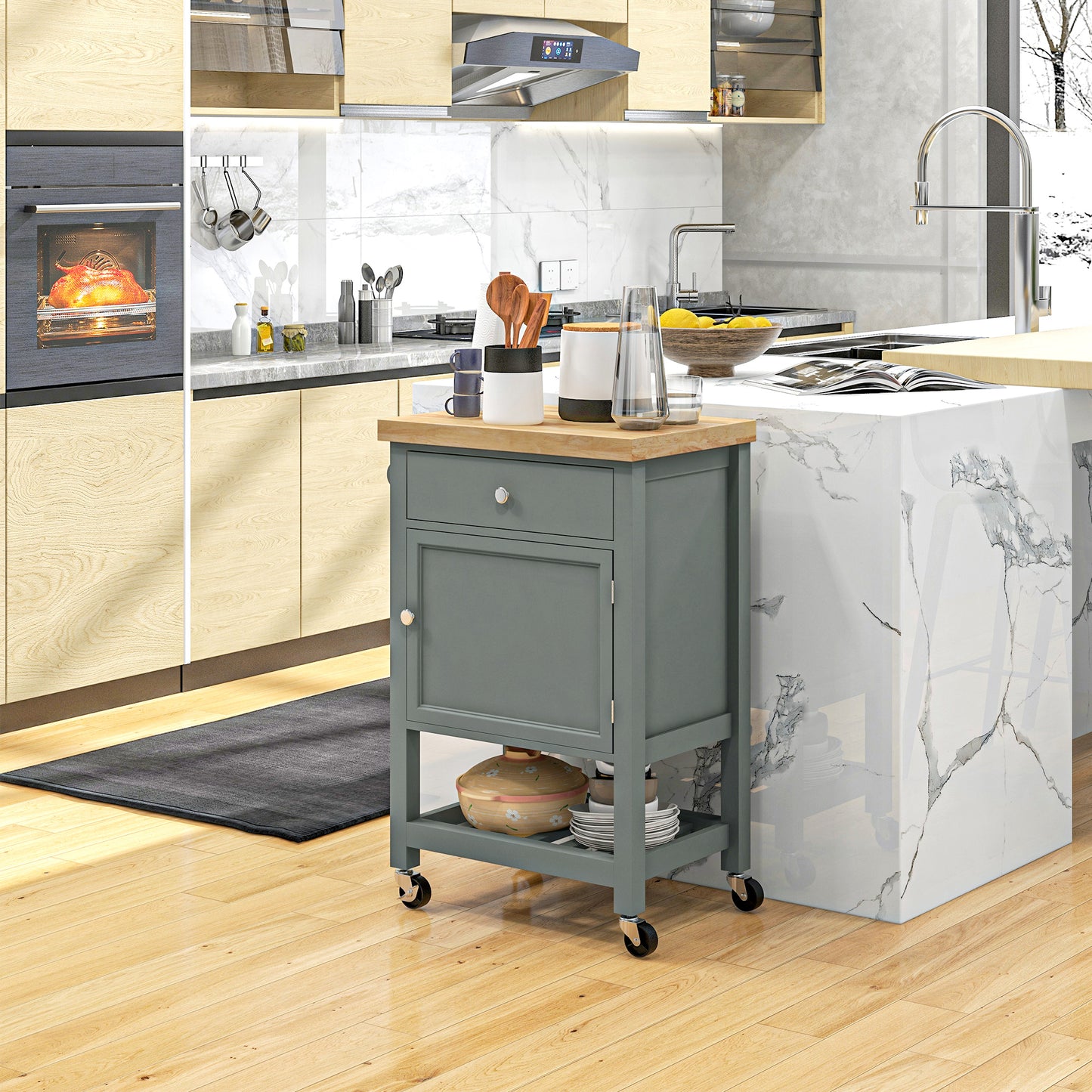 HOMCOM Kitchen Cart on Wheels, Rolling Kitchen Island Cart with Wood Top, Towel Rack, Drawer and Shelf for Dining Area, Grey