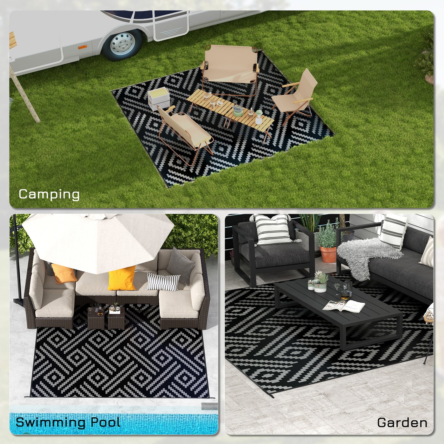Outsunny Reversible Outdoor Rug Waterproof Plastic Straw RV Rug with Carry Bag, 9' x 12', Black and Grey Geometric
