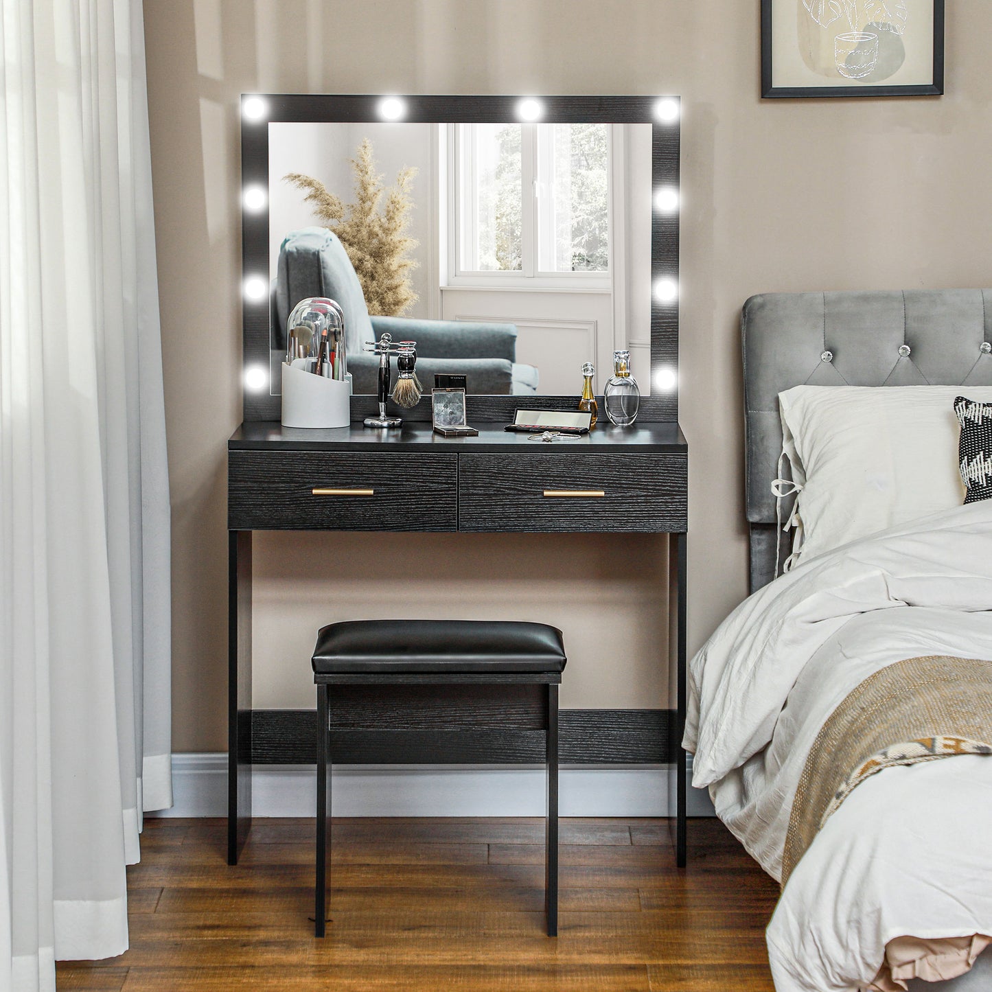 HOMCOM Makeup Vanity Desk Set with Stool, Dressing Table with LED Lighting Mirror, Drawers, for Bedroom, Black